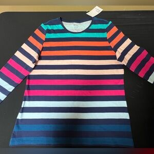 KIM ROGERS PERFECTLY SOFT STRIPED 3/4 SLEEVE CREW NECK COTTON TOP.  SIZE MED